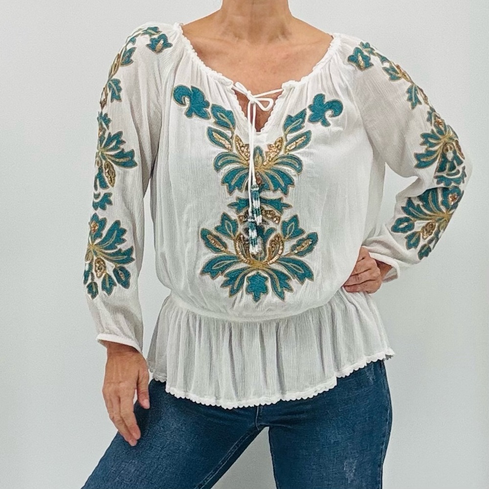 Soft Surroundings Boho Embroidered Sequin Beaded Gauzy Peasant Top
